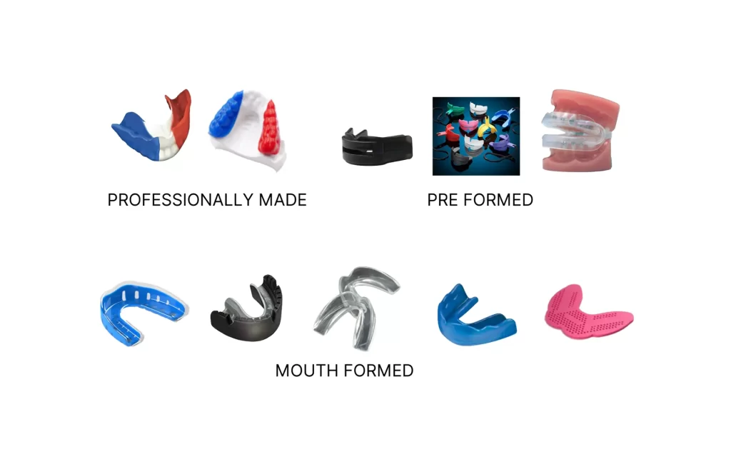 An informative graphic showing the 3 types of mouthguard; Professionally Made, Pre Formed and Mouth Formed